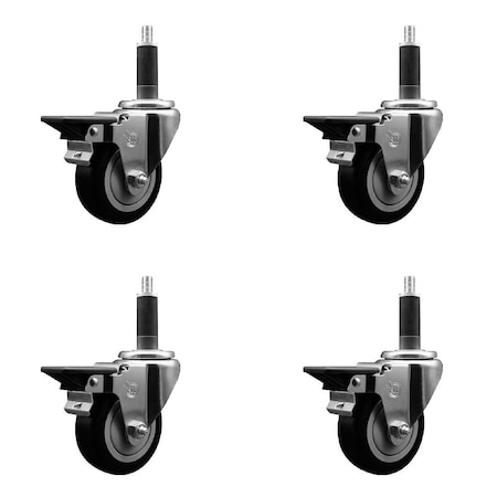 Service Caster 3.5'' Black Poly Swivel 1'' Expanding Stem Caster Set with Brake, 4PK SCC-EX20S3514-PPUB-BLK-PLB-1-4